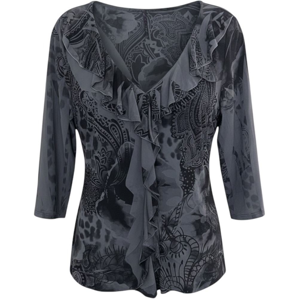Slinky Brand Grey Paisley Cheetah Ruffle V-Neck Top 1X 3/4 Sleeve